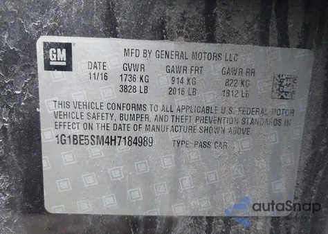 2017 Chevrolet Cruze Lt Auto from USA, damaged, VIN 1G1BE5SM4H7184989